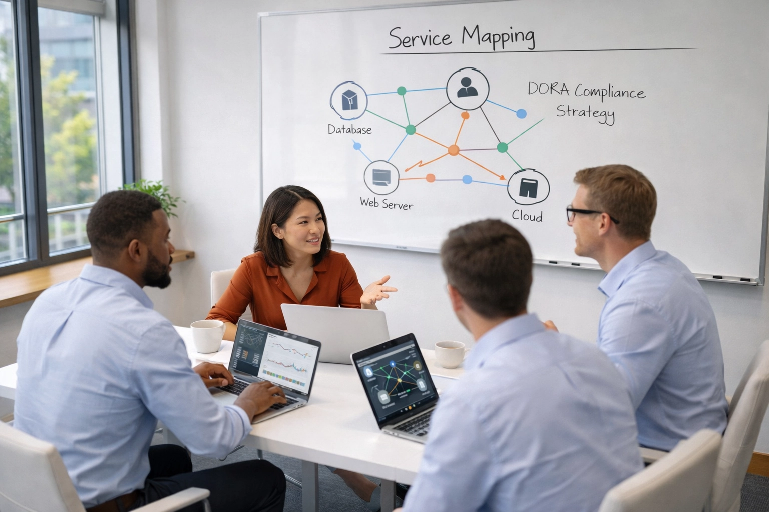 ServiceNow consulting team collaborating on DORA compliance implementation strategy and service mapping