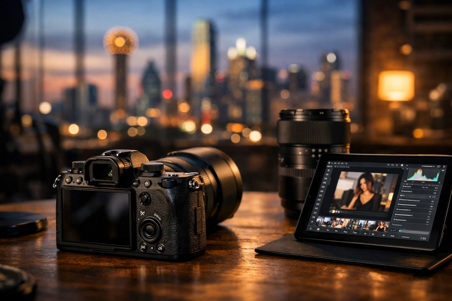 Professional photography equipment and editing tools in a high-end Dallas studio with skyline views.