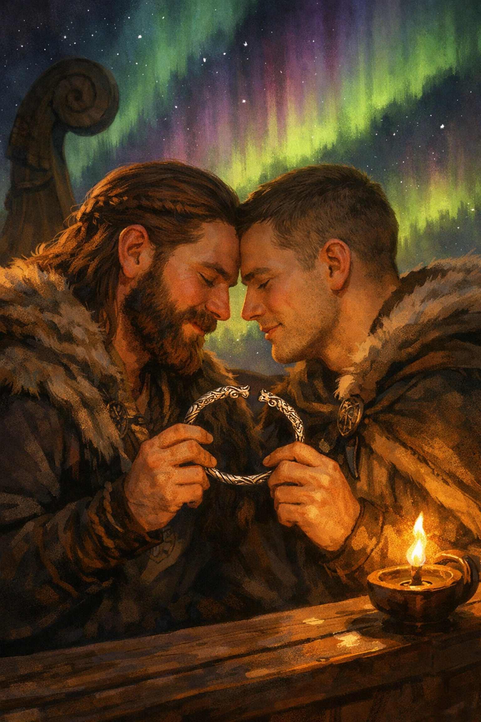 Two Viking warriors in a romantic moment under the northern lights with a symbolic arm ring