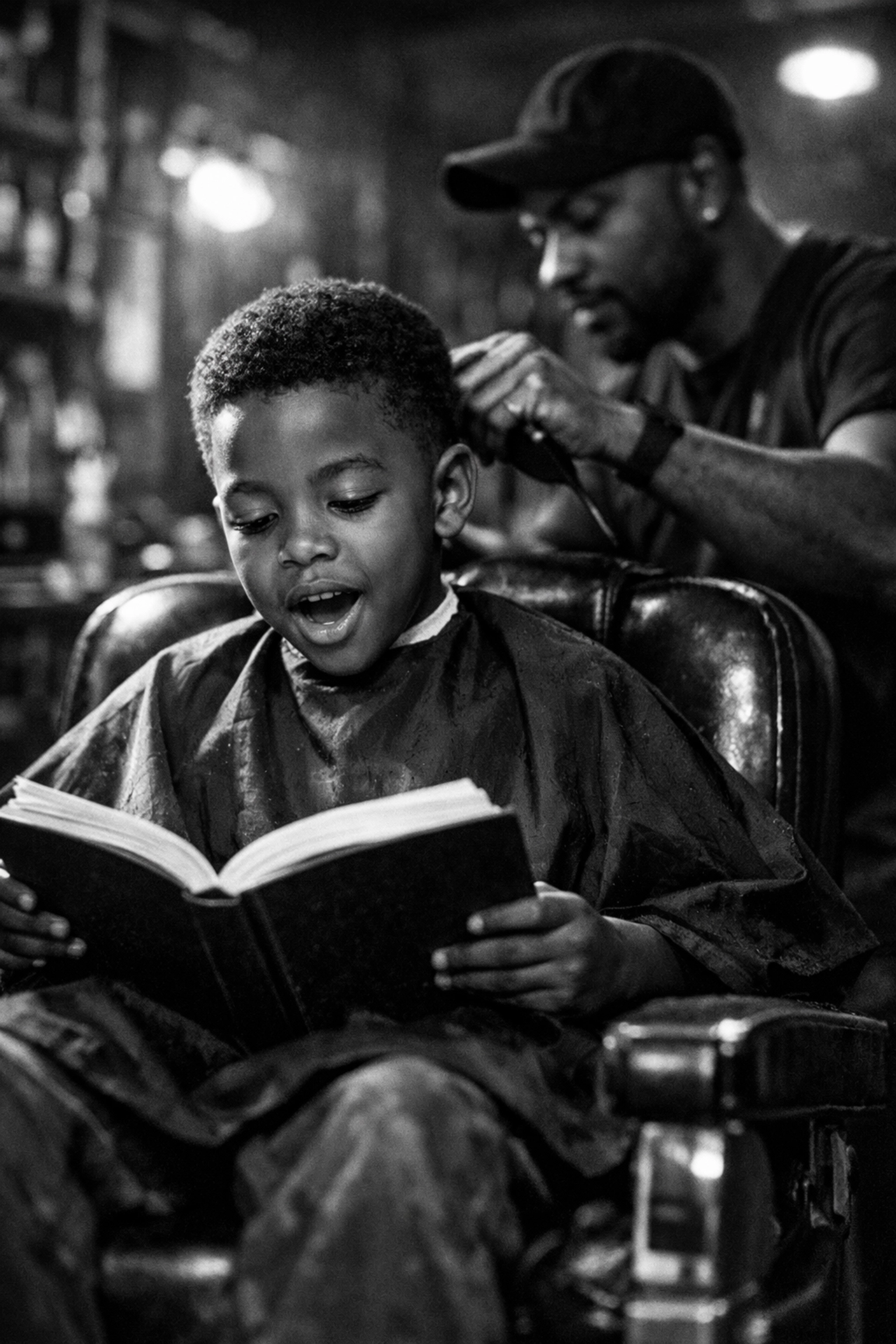 Elementary student reading during free haircut at X-Quisite Cutz literacy program
