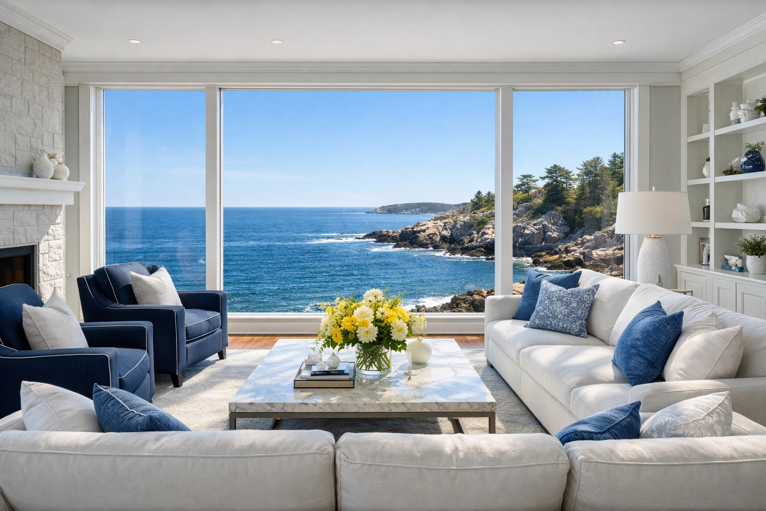 Immaculate living room with ocean views maintained by luxury house cleaning in Manchester-by-the-Sea.