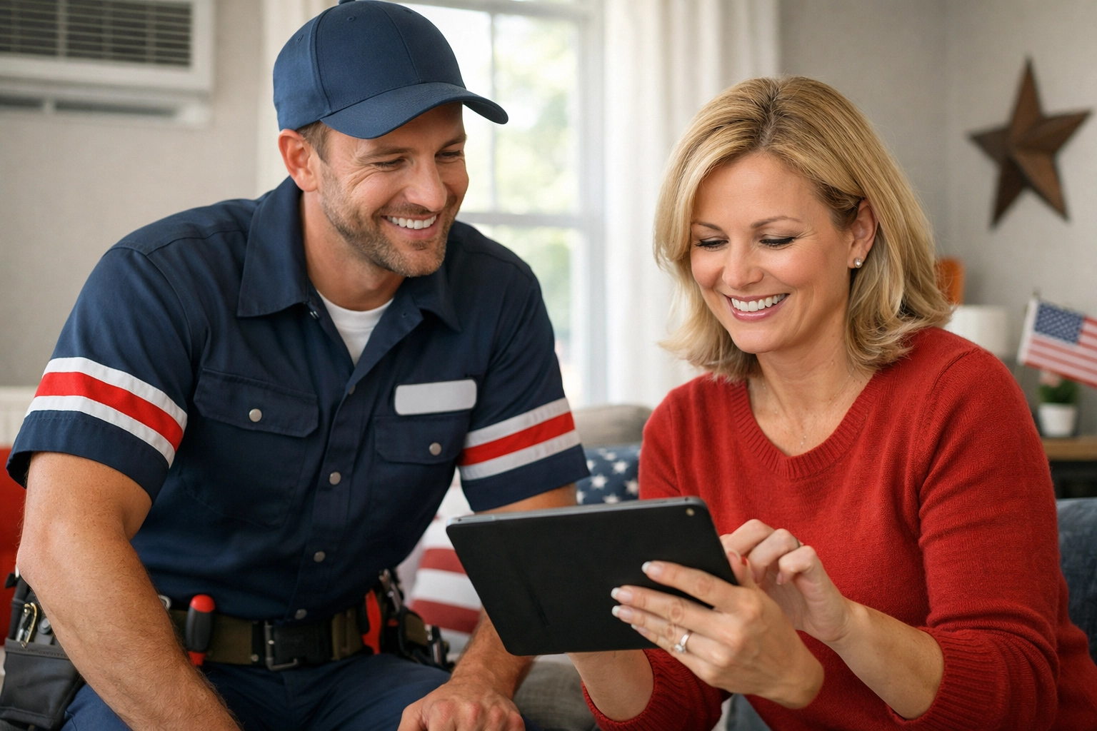 HVAC technician and satisfied homeowner completing Google review on tablet after successful repair