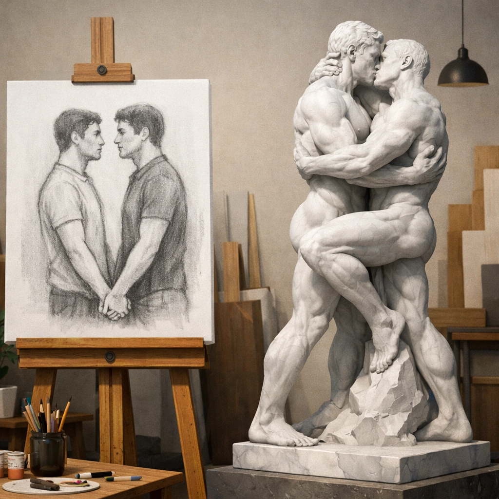 Sketch and sculpture of two men, showing sweet-to-steamy intimacy in gay love stories