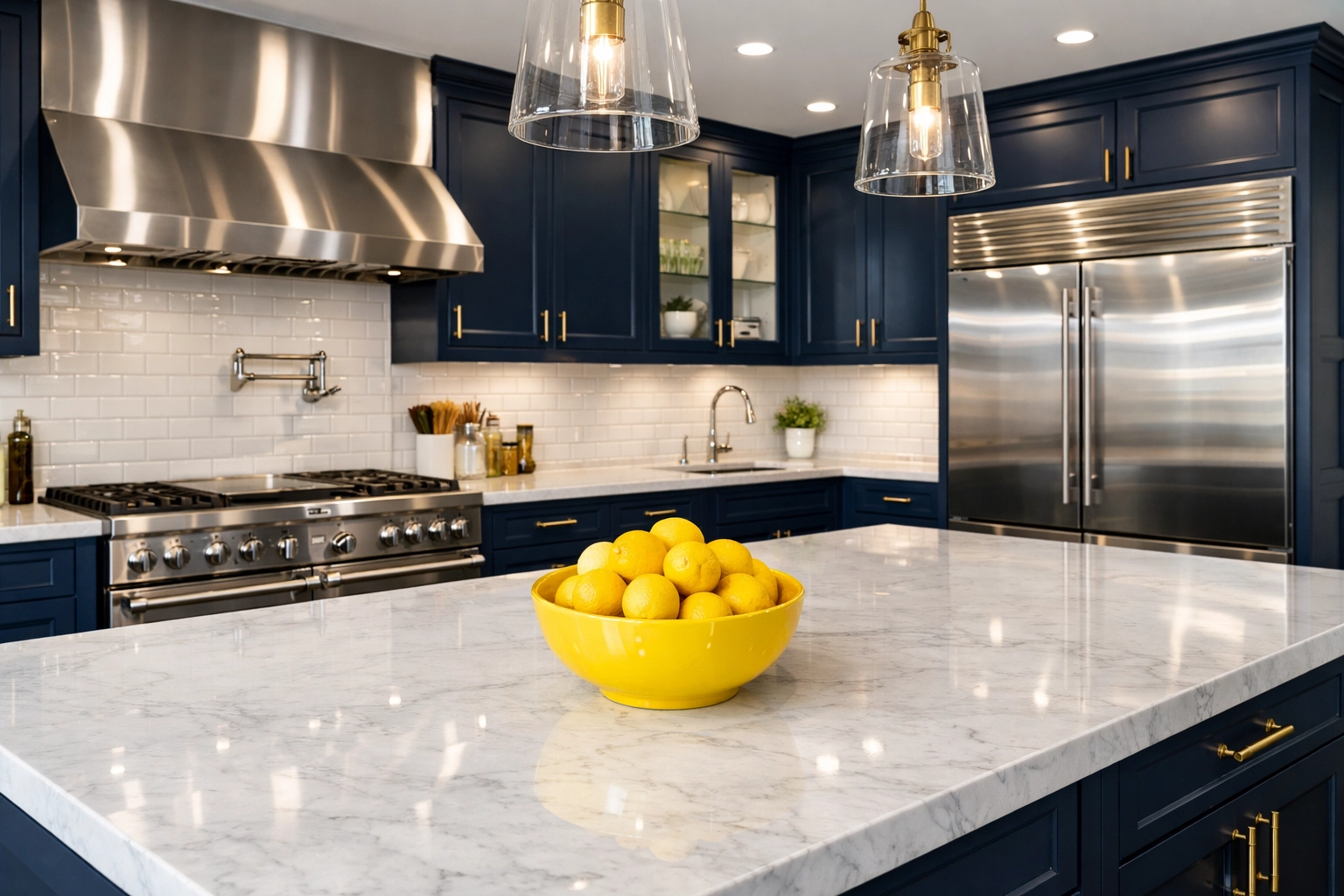 Sparkling clean gourmet kitchen with polished countertops after a professional house cleaning Pepperell MA visit.