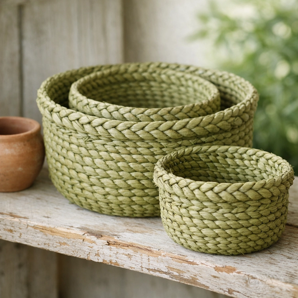 Hand-woven pistachio green nesting baskets on a rustic shelf, reflecting the organic theme of handcrafted home decor.