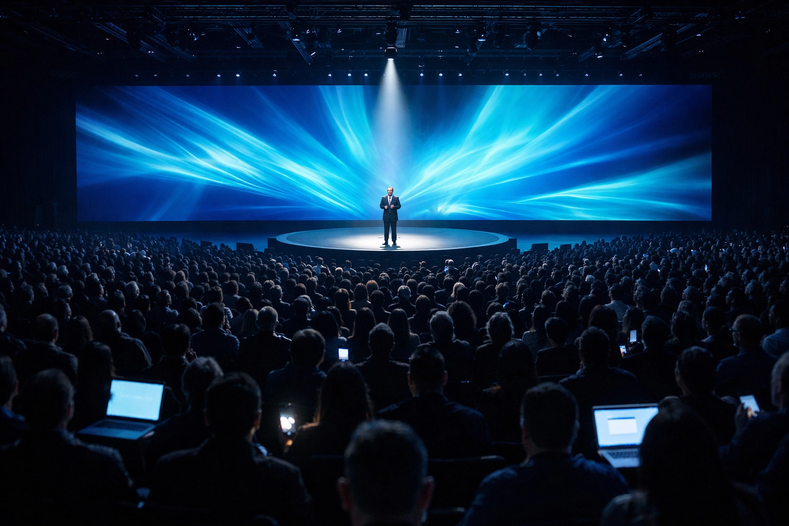 Wide-angle shot of a keynote speaker on stage at a large corporate conference in Miami.