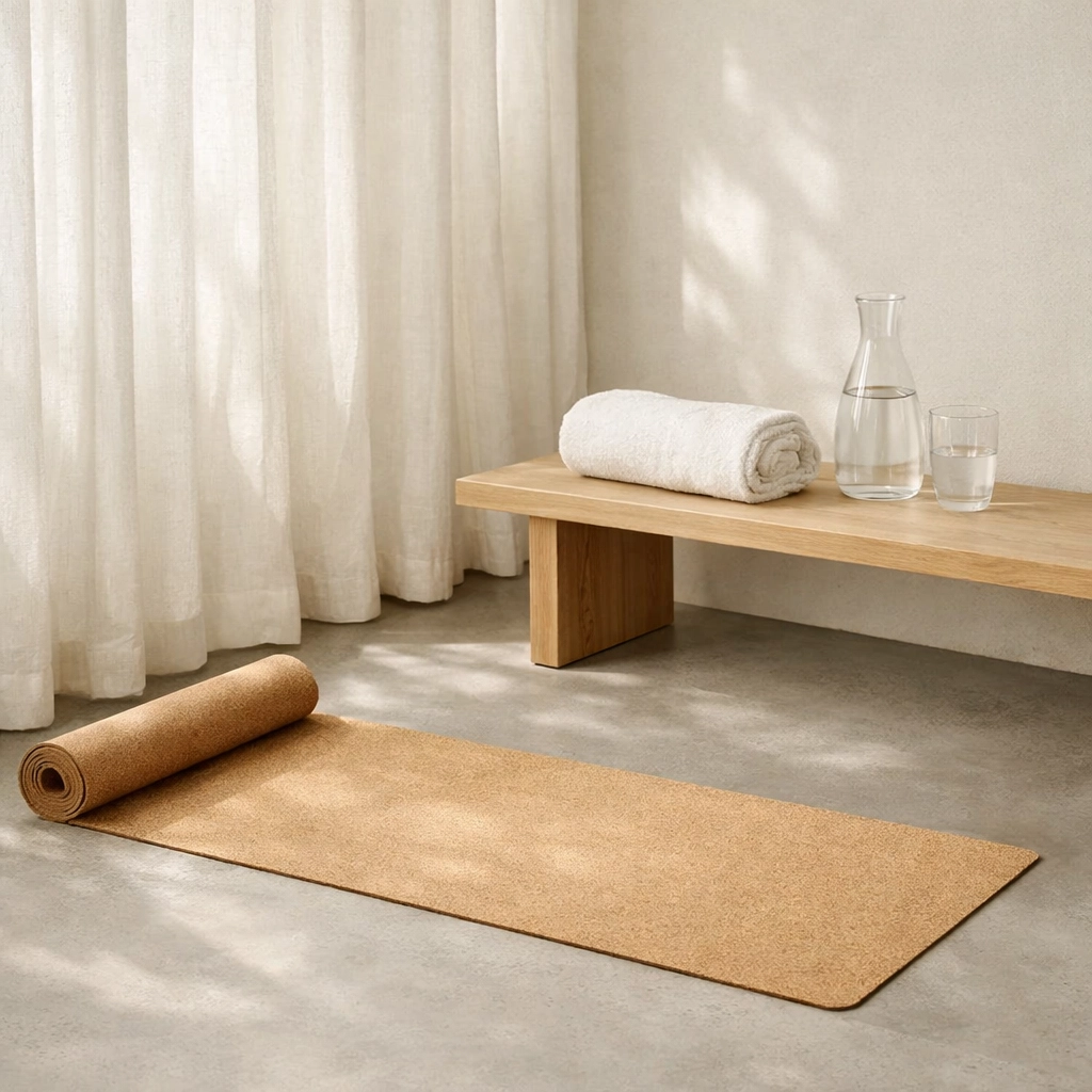 Minimalist hotel wellness suite with a yoga mat and natural light focusing on restorative travel trends.