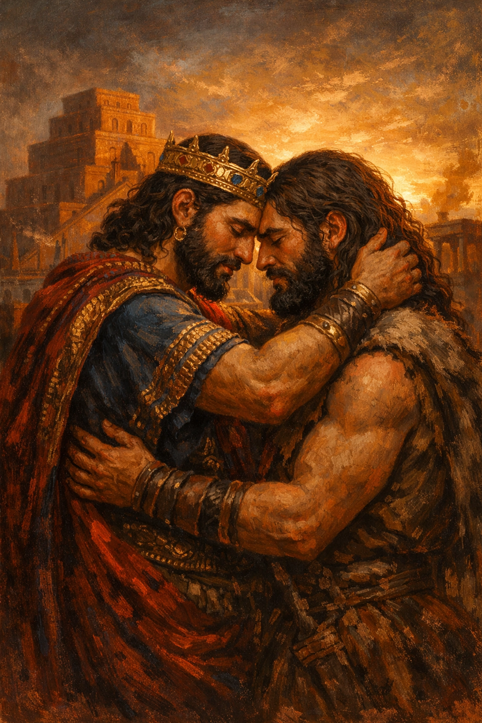 Gilgamesh and Enkidu embrace after combat - ancient male love in historical MM romance literature