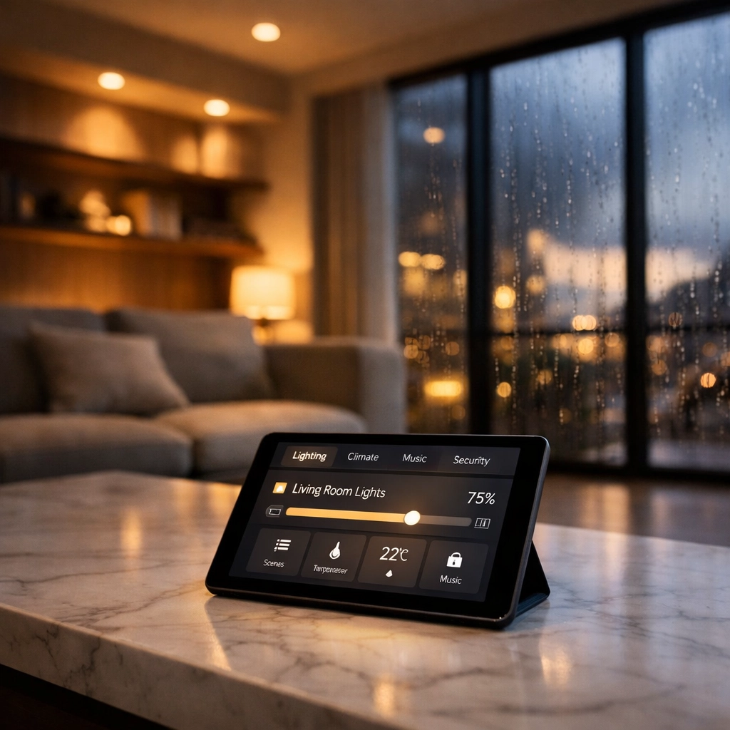 Smart home control tablet on marble table with automated ambient lighting in modern living room