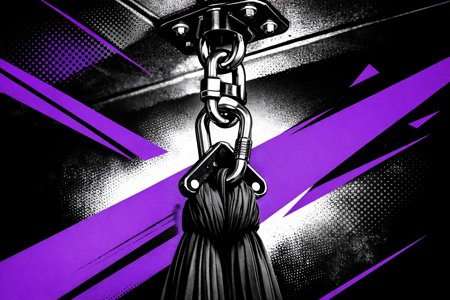 Aerial yoga studio scene with multiple hammocks, black-and-white with purple overlay (no people)