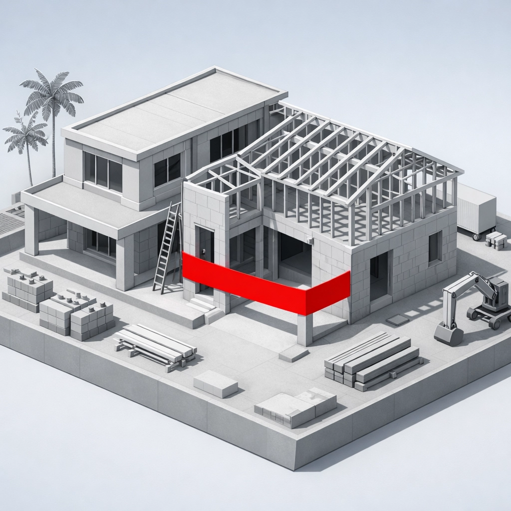 Florida construction site with red tape representing a stop work order and building code violation.