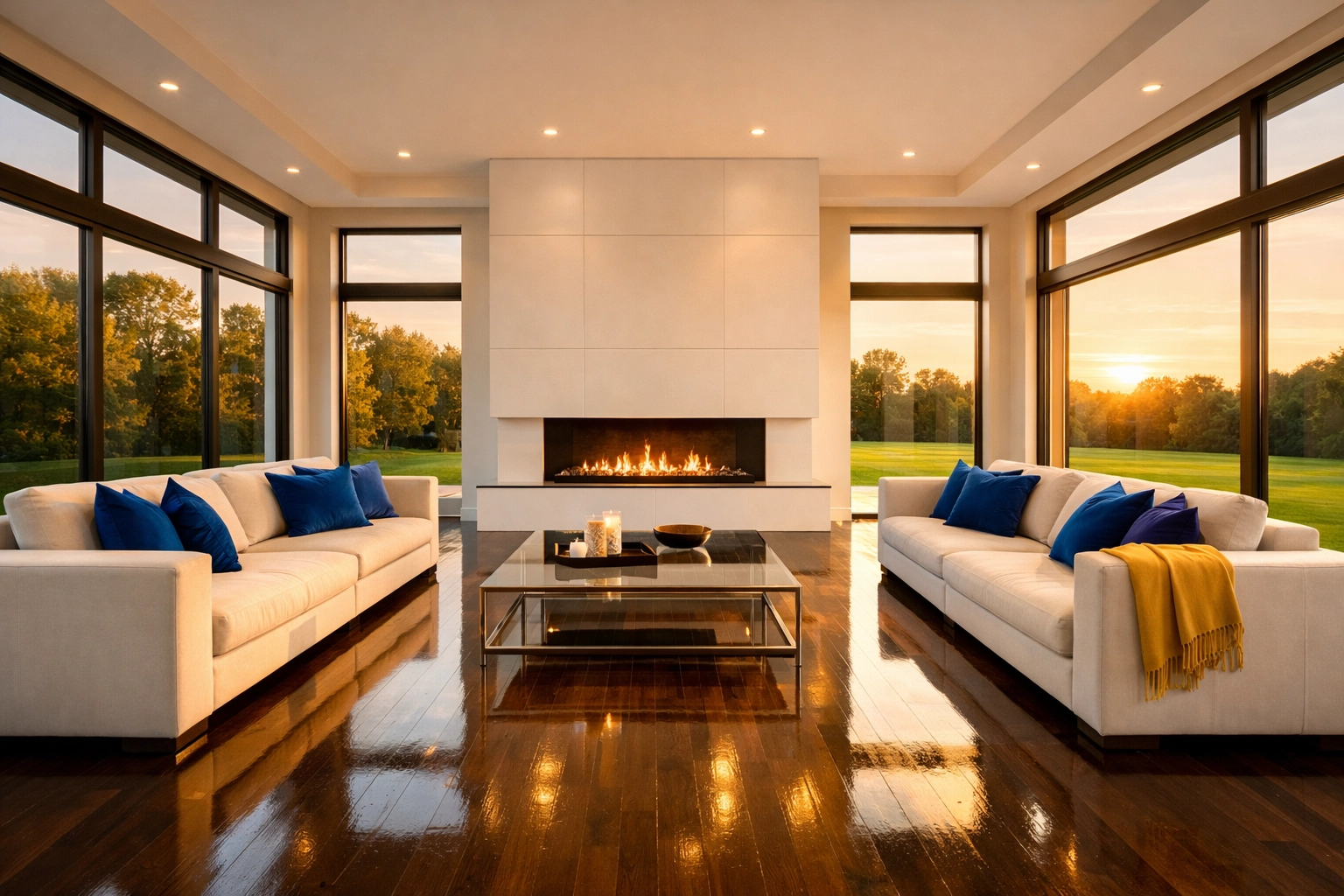 A spotless contemporary living room in Dover showing the results of residential cleaning Massachusetts.