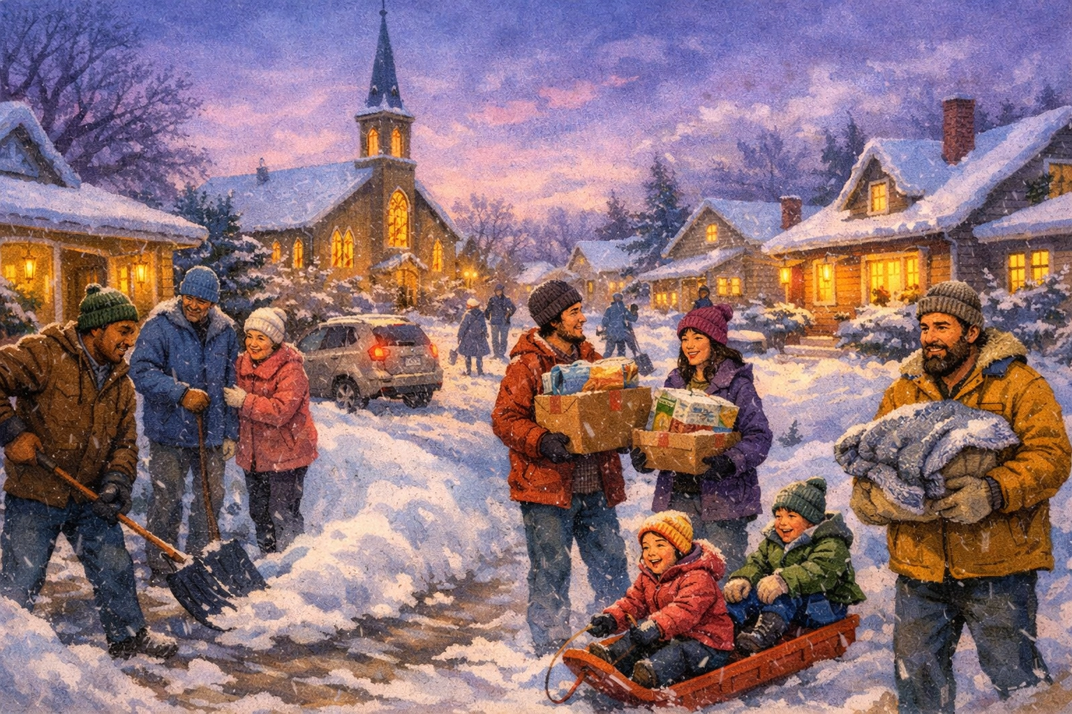 Neighbors helping elderly residents shovel snow during Midwest winter storm demonstrating community unity