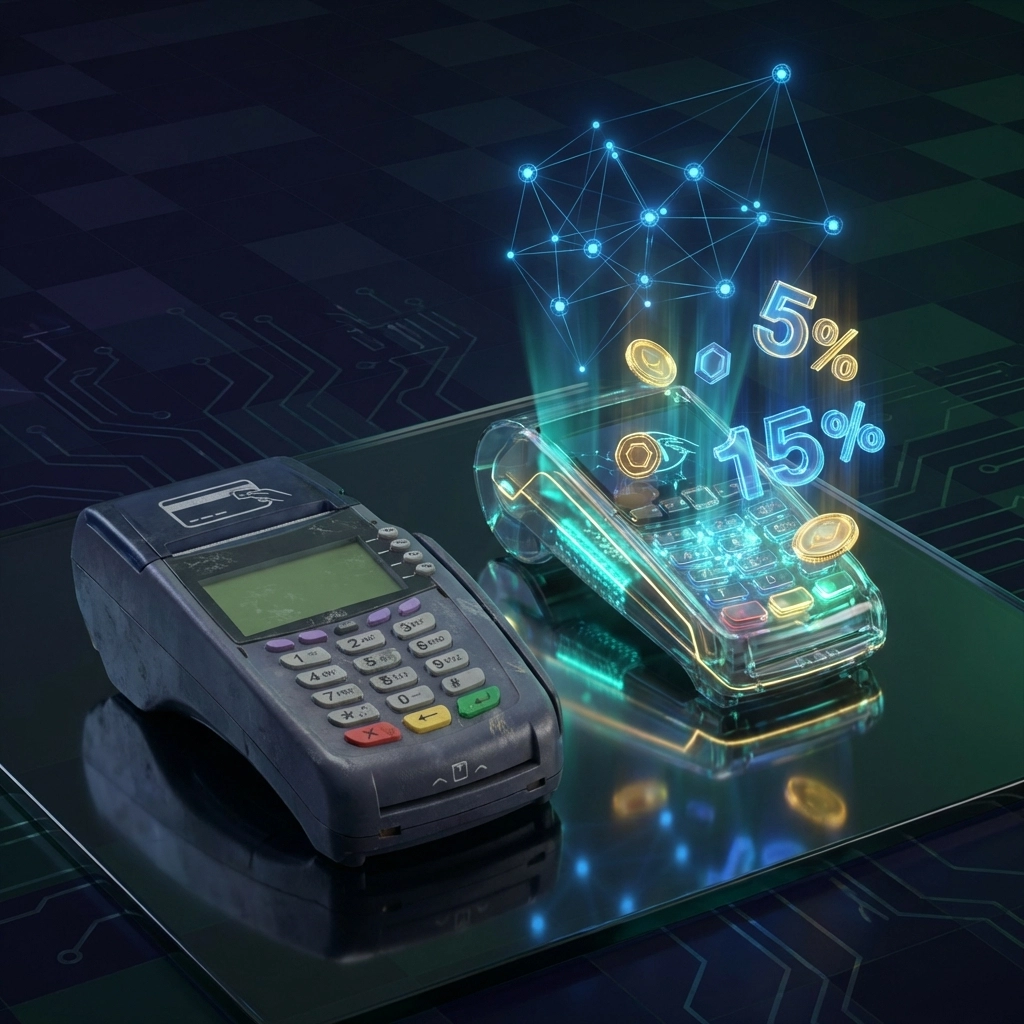 Comparison of old and new payment terminals illustrating fee reduction with Larecoin's Web3 crypto payment system versus legacy methods
