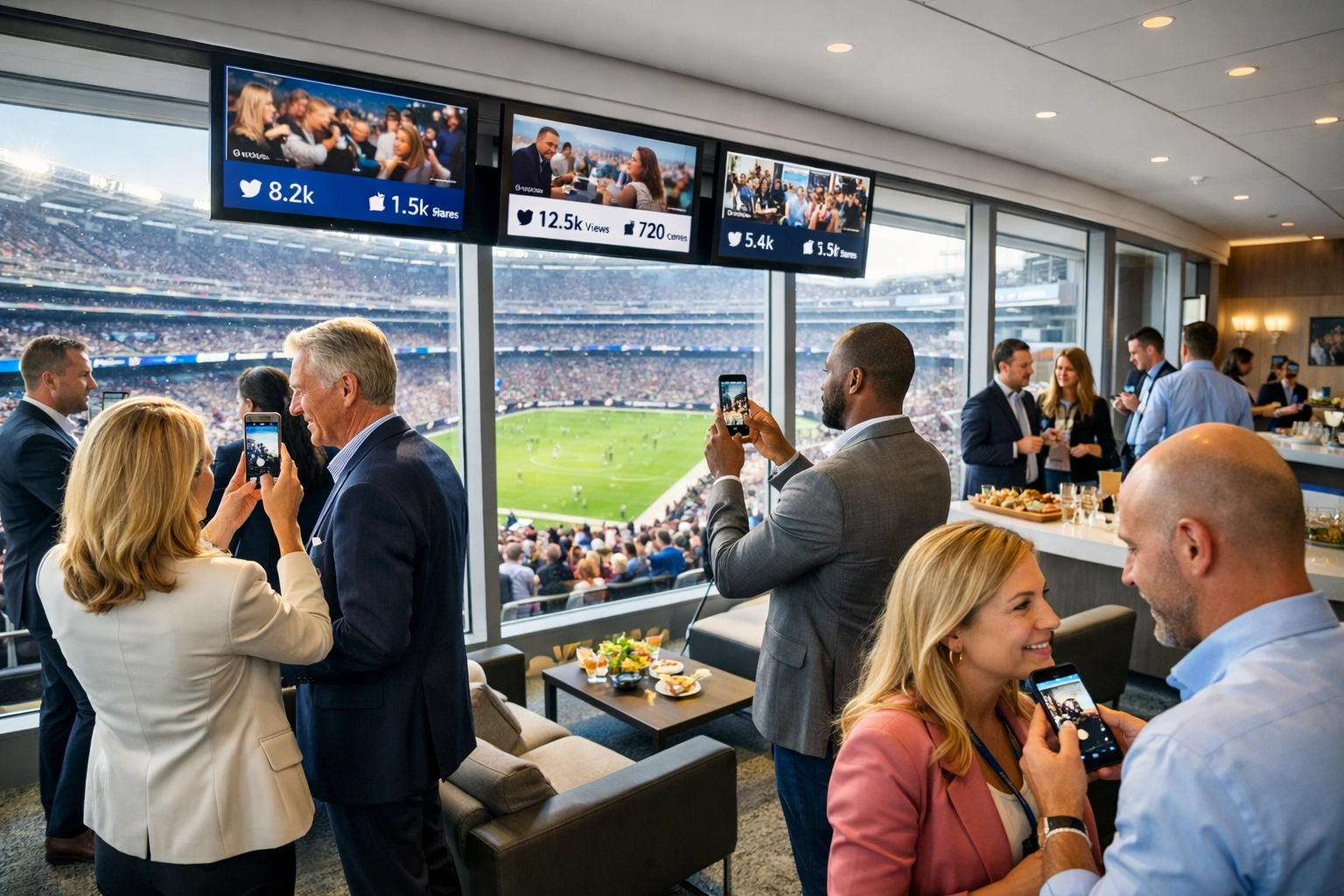 Stop Wasting Money on Super Bowl Hospitality: 7 Data-Driven Tactics Fortune 500s Use to Triple Brand Visibility Executives networking at Super Bowl corporate hospitality suite using smartphones for social media engagement