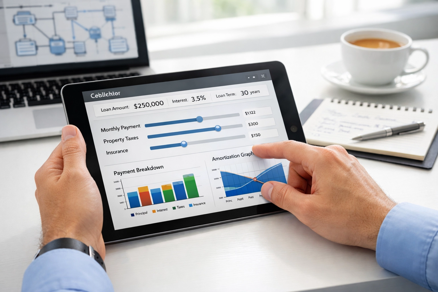 Professional using ServiceNow ROI calculator on tablet to assess ITOM implementation costs