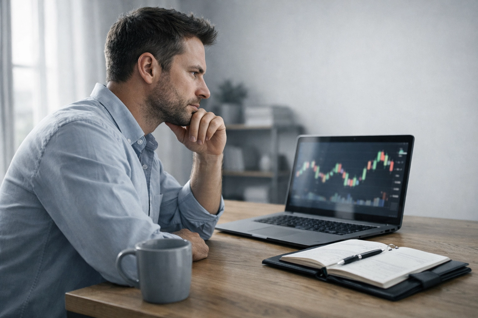 A Canadian entrepreneur reviewing financial charts and planning for a business loan in a modern office.
