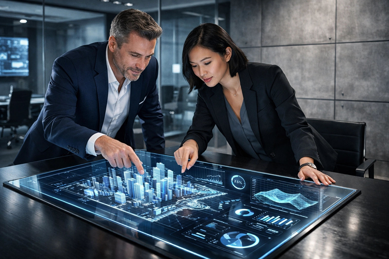 Professionals reviewing city maps and data for a proactive local SEO partnership strategy.