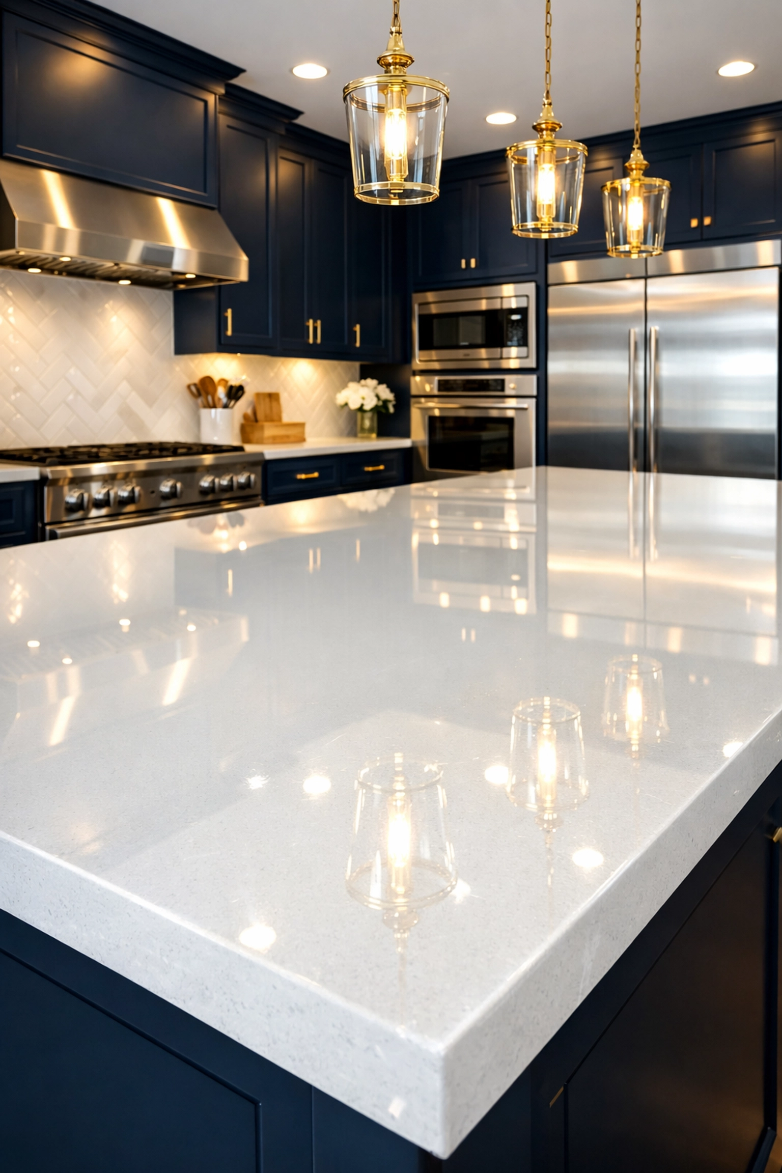 Spotless luxury kitchen in Shrewsbury with a gleaming quartz island and clean appliances after deep house cleaning.