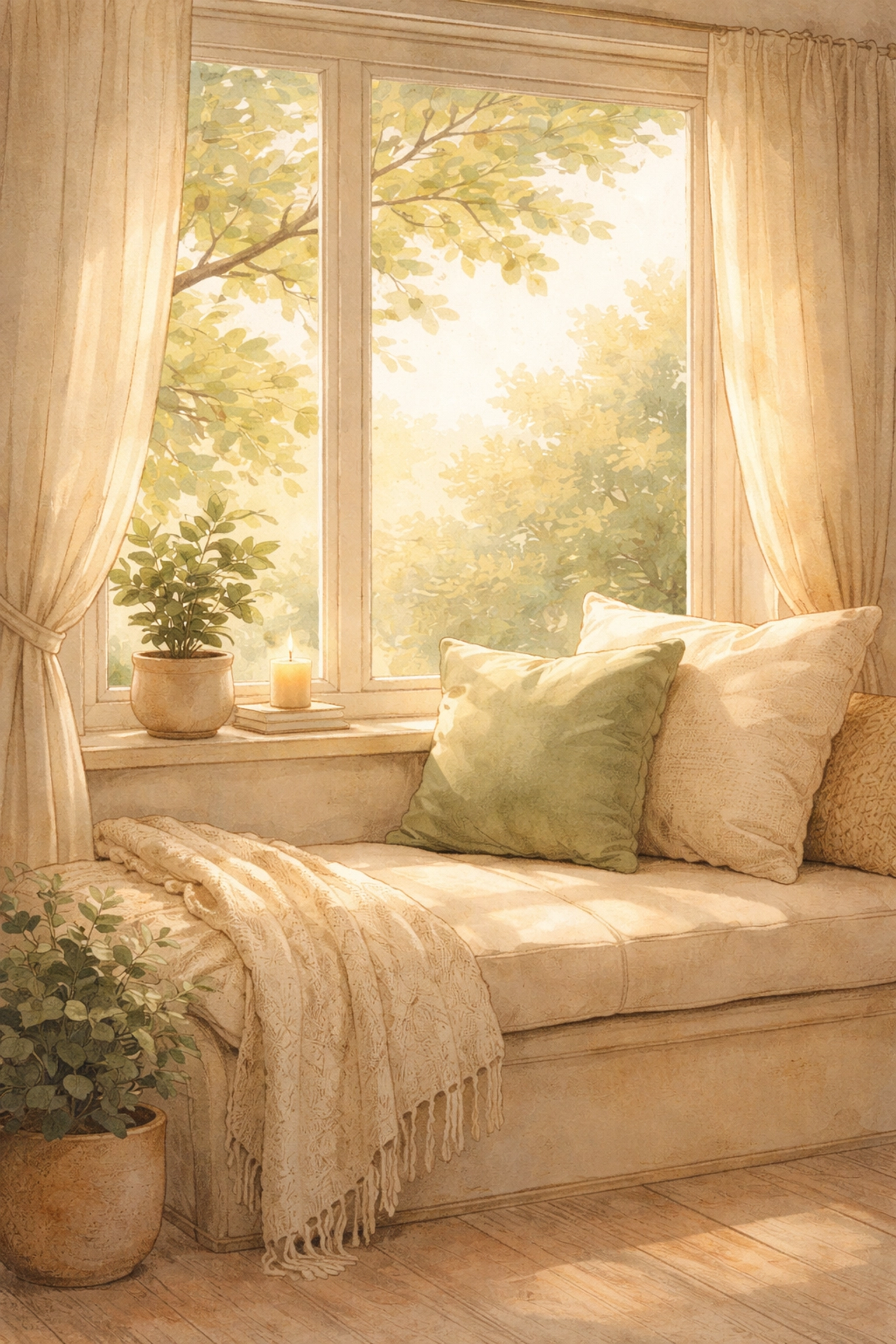 Cozy window nook with cushions and a plant, illustrating a calming environment for emotional regulation.