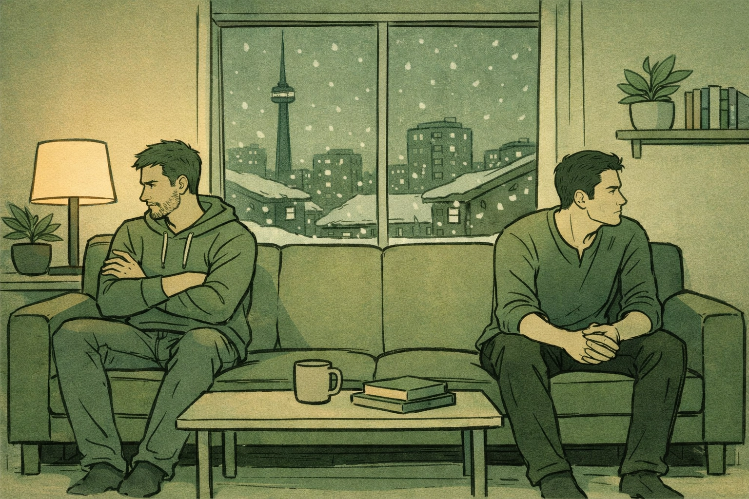 MM couple in Toronto apartment during winter storm depicting forbidden step-brother romance