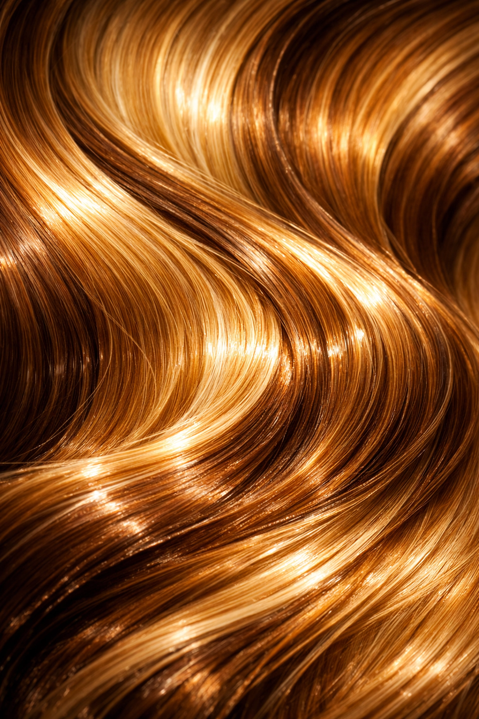 Close-up of glossy honey and caramel hair showing the results of a professional salon gloss treatment.