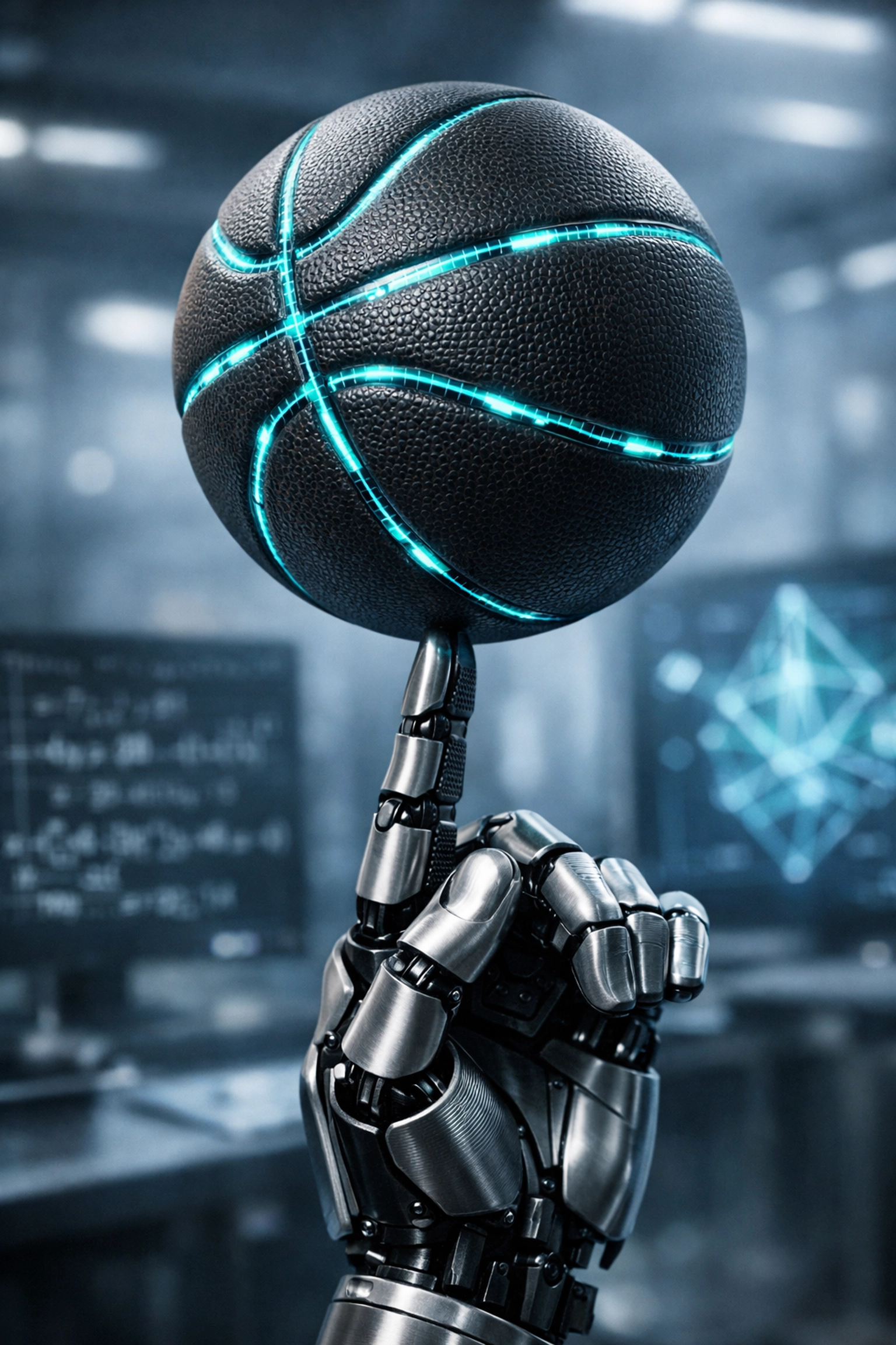 AI-powered basketball predictions and data-driven betting insights shown via a robotic hand.