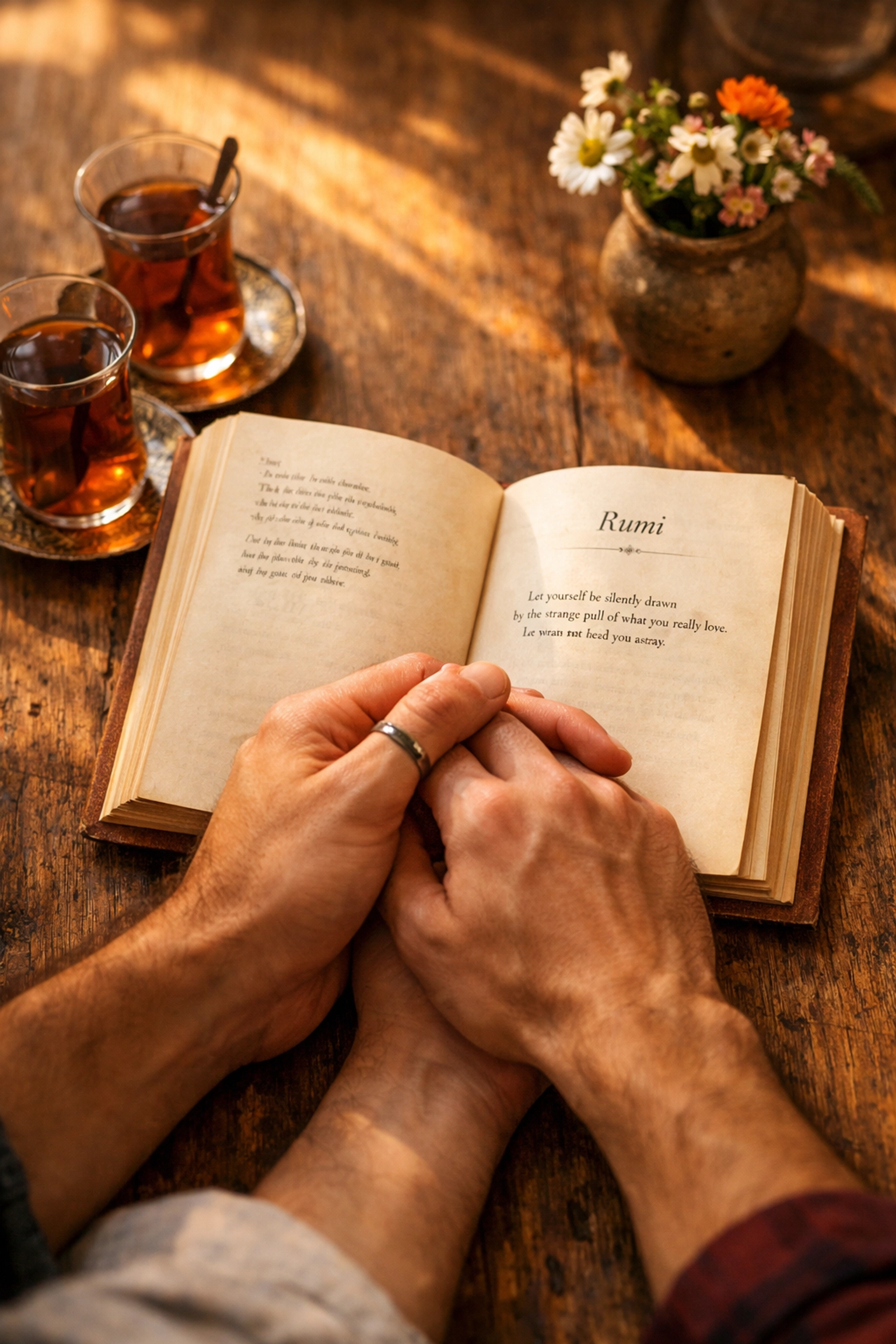 Gay couple's intertwined hands holding Rumi poetry book - spiritual MM romance in Istanbul