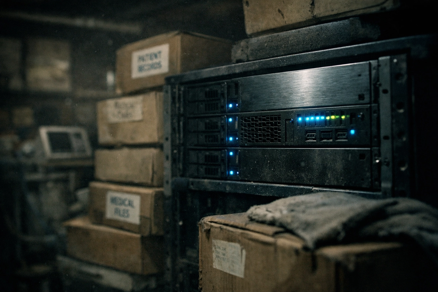A server in a dusty hospital storage room, depicting healthcare innovation stalled by institutional bureaucracy.