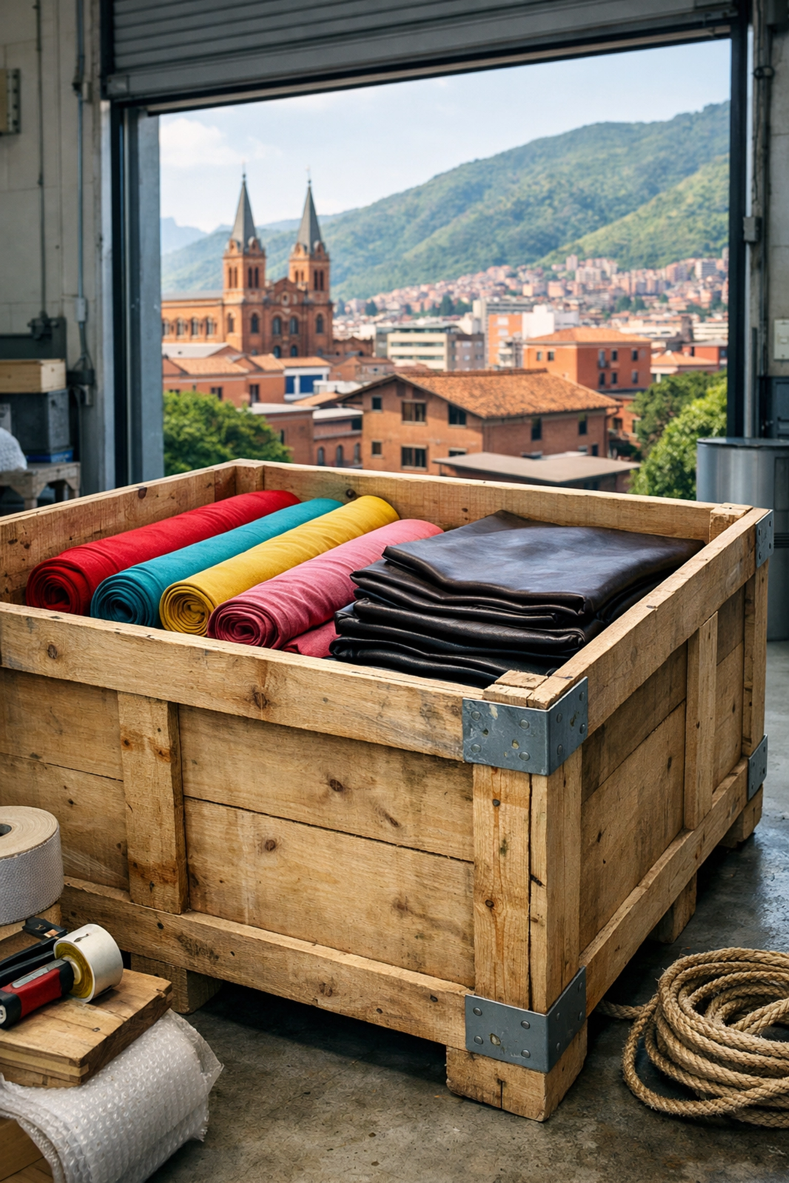 Artisan materials being prepared for shipment in a modern Medellín logistics facility.