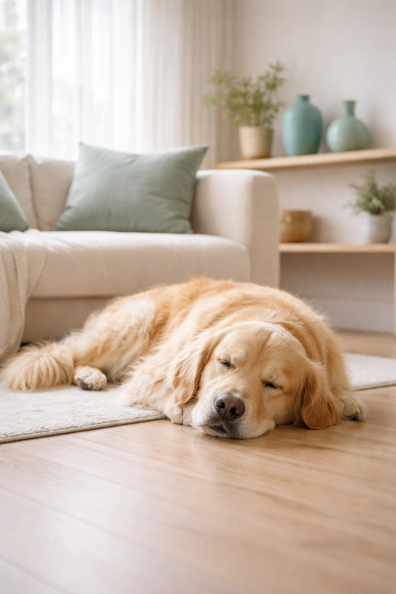 Golden retriever resting on a clean hardwood floor in a minimalist living room, showing a pet-friendly and sustainable home environment.