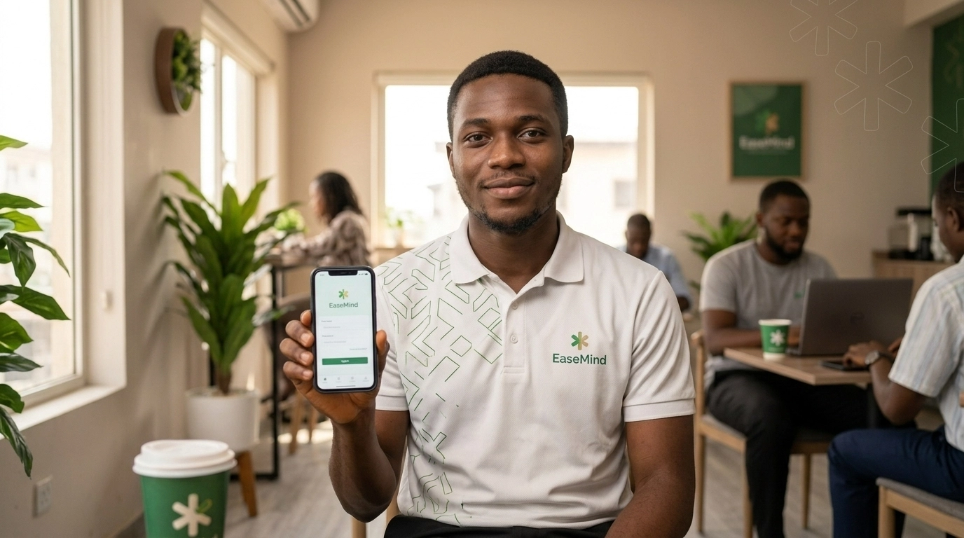 A young professional in Lagos looking relieved while using the MyTherapist.ng app
