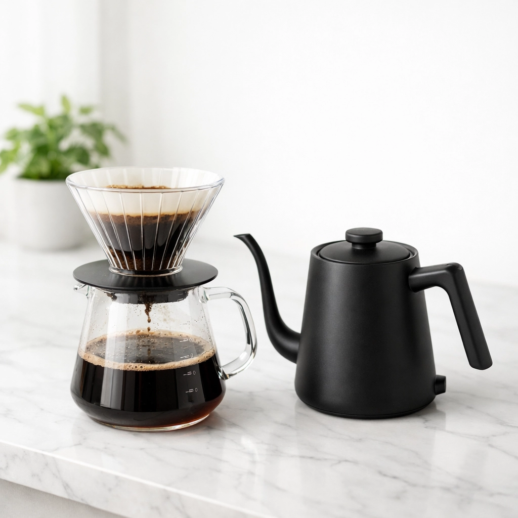 A minimalist home coffee brewing setup featuring a glass pour-over dripper and a gooseneck kettle.
