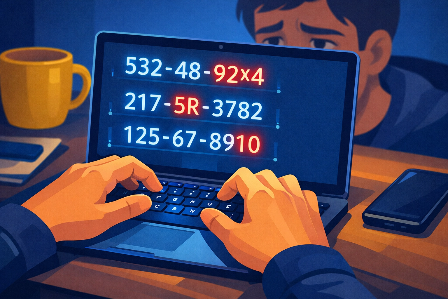 Person entering Social Security numbers online with data entry errors highlighted during virtual tax filing