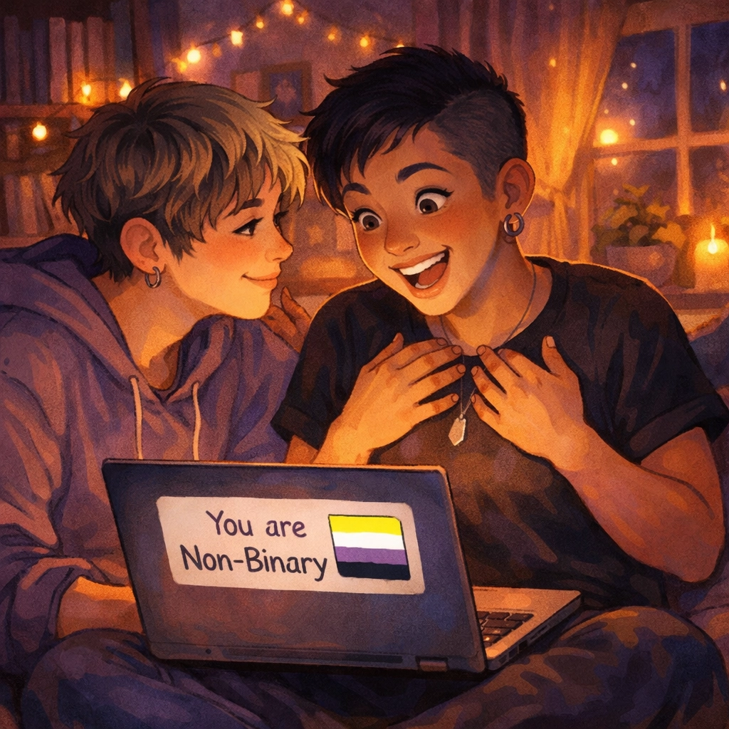 Queer friends discovering non-binary identity resources together with joy