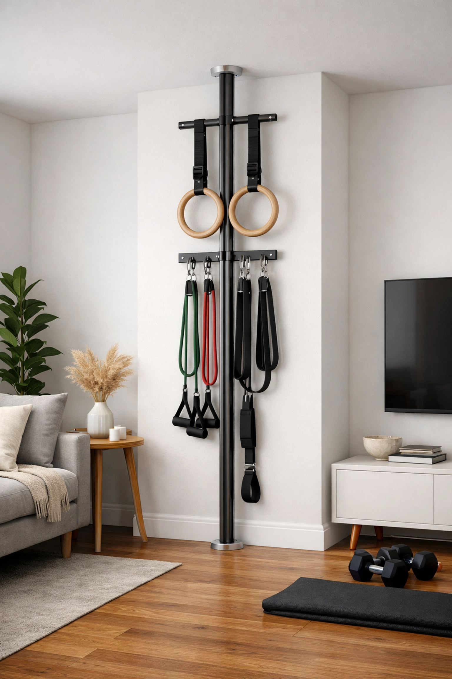 Vertical home gym rail system with resistance bands and gymnastics rings for bodyweight training.
