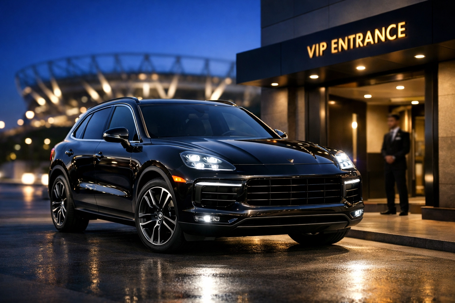 Boost Your Brand ROI Instantly with These 5 Super Bowl Networking Tips Luxury black SUV arriving at a VIP event entrance for seamless Super Bowl corporate travel logistics.
