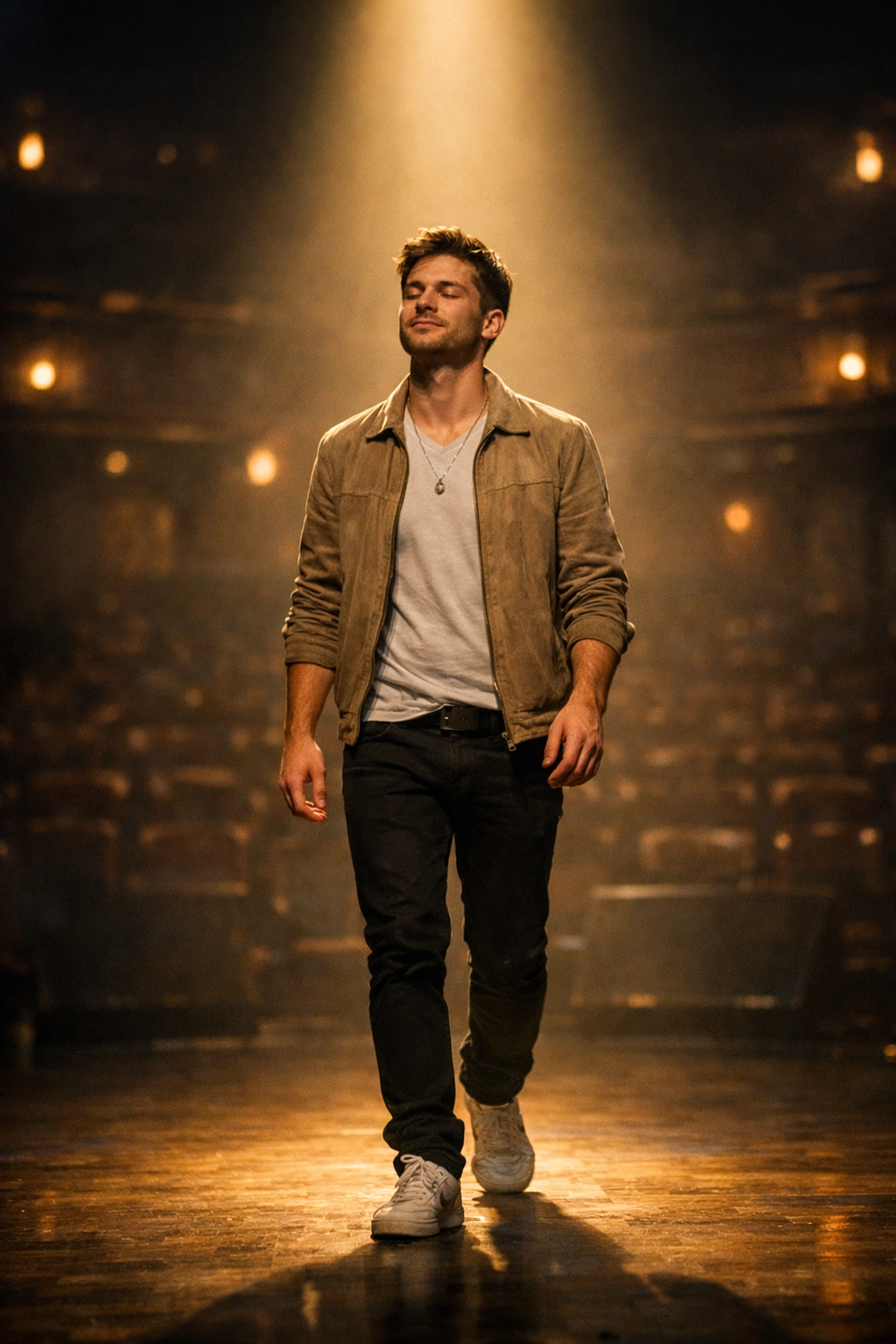 A young gay man confidently stepping into a bright spotlight, representing the journey of coming out with pride.