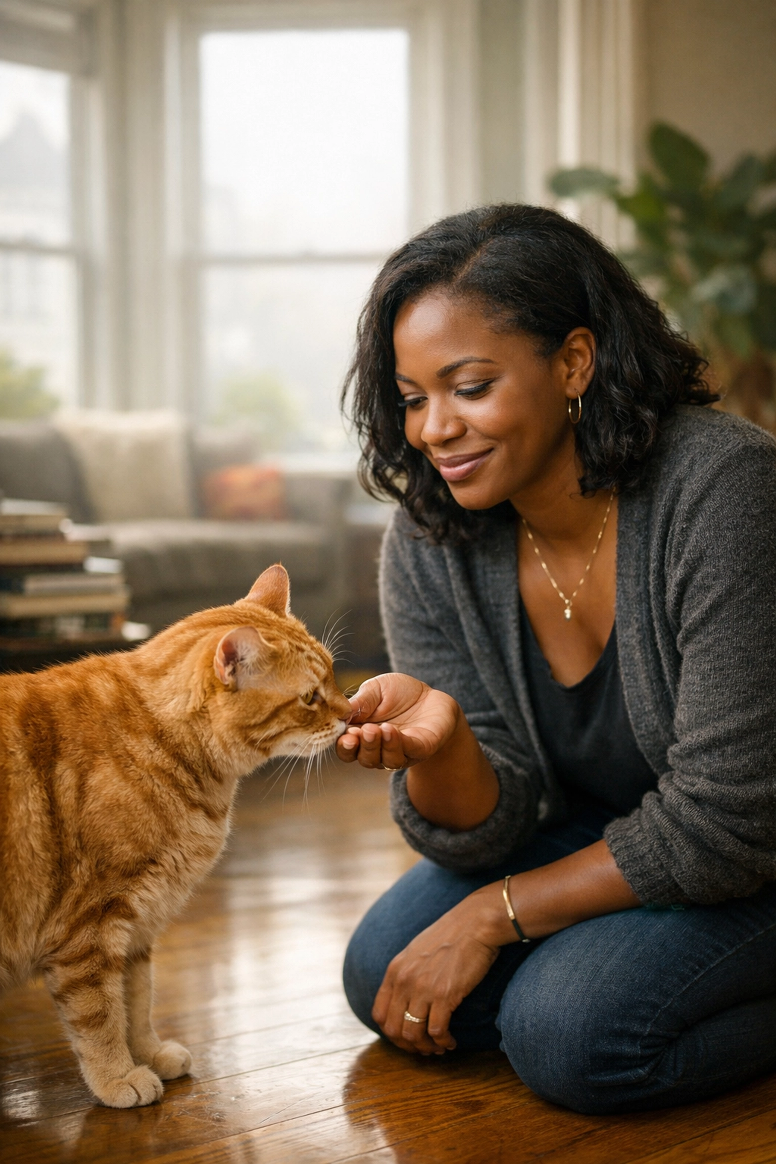 Professional cat sitter in a San Francisco home providing personalized in-home care to a ginger tabby cat.