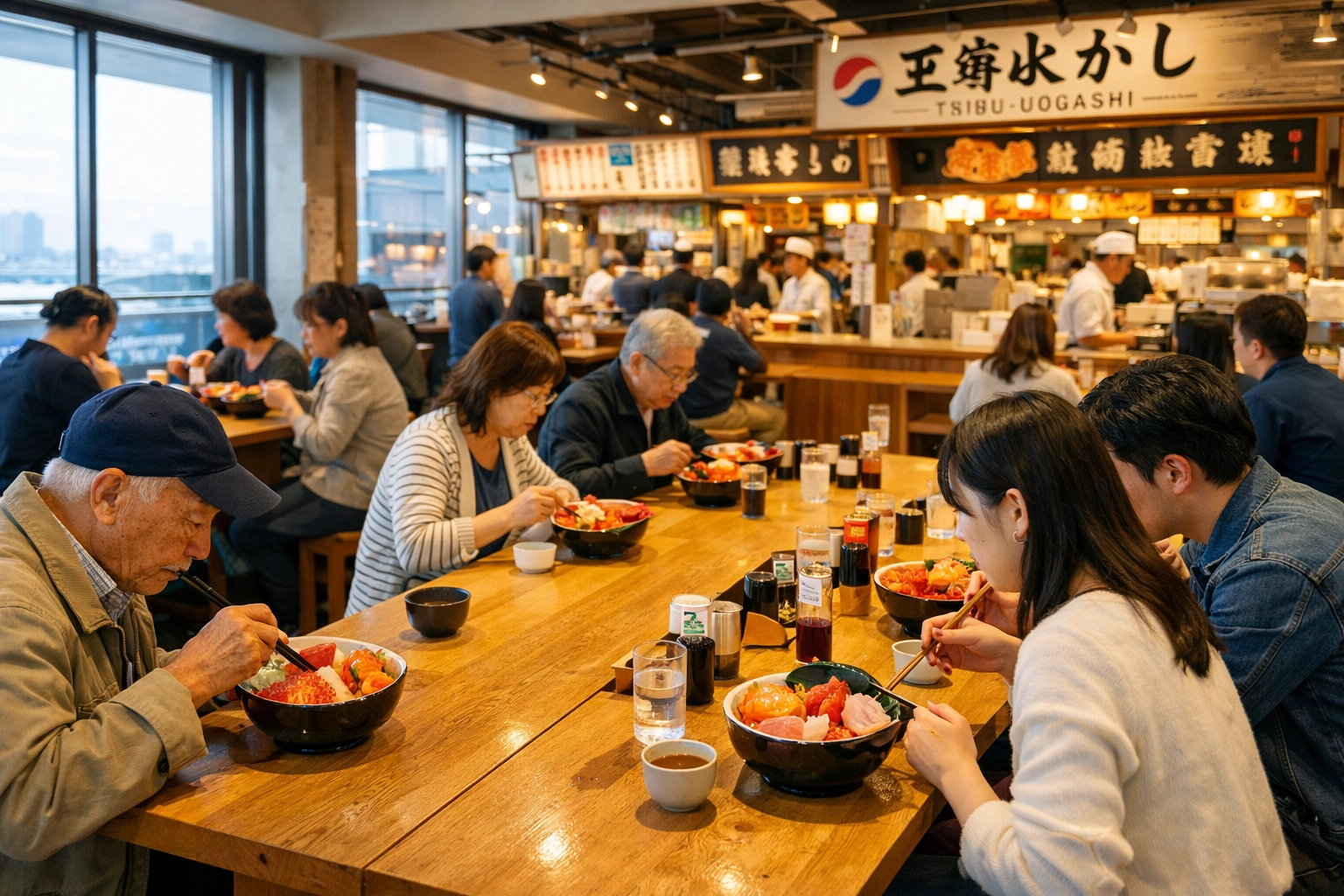 Tsukiji Outer Market Secrets Revealed: What Experts Don’t Want You to Know 1 Locals eating fresh seafood at the hidden Tsukiji Uogashi food court in Tokyo.