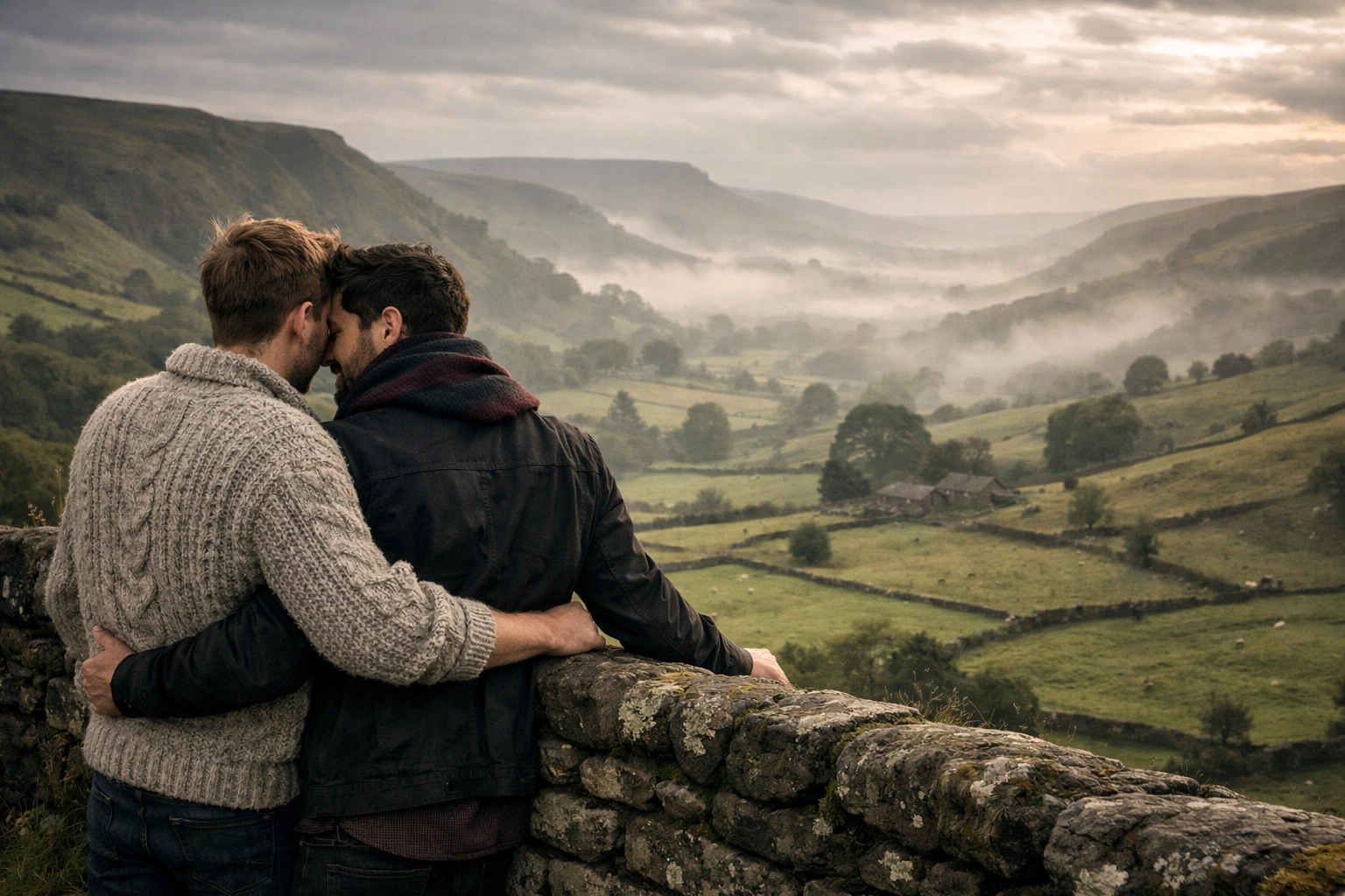 Two men embracing on a Peak District overlook, illustrating romantic British countryside MM fiction.