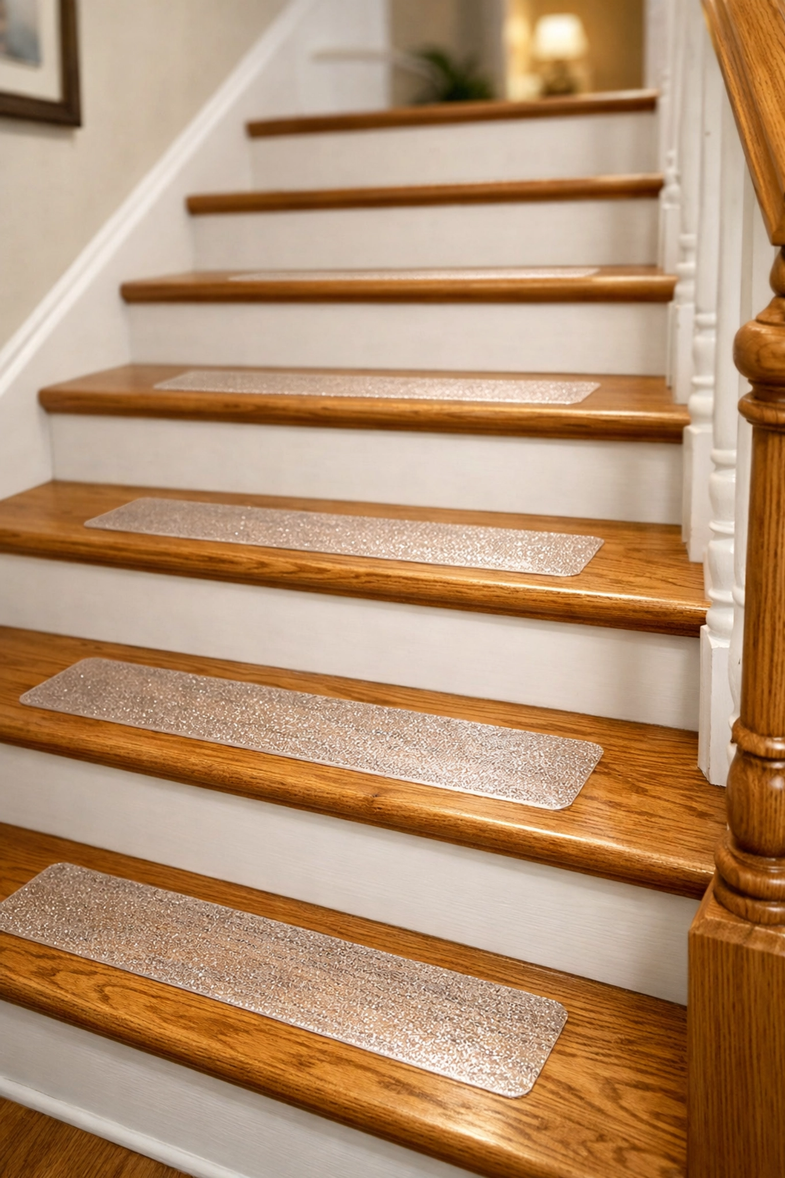Transparent anti-slip adhesive strips on wooden stairs providing traction to prevent falls in the home.