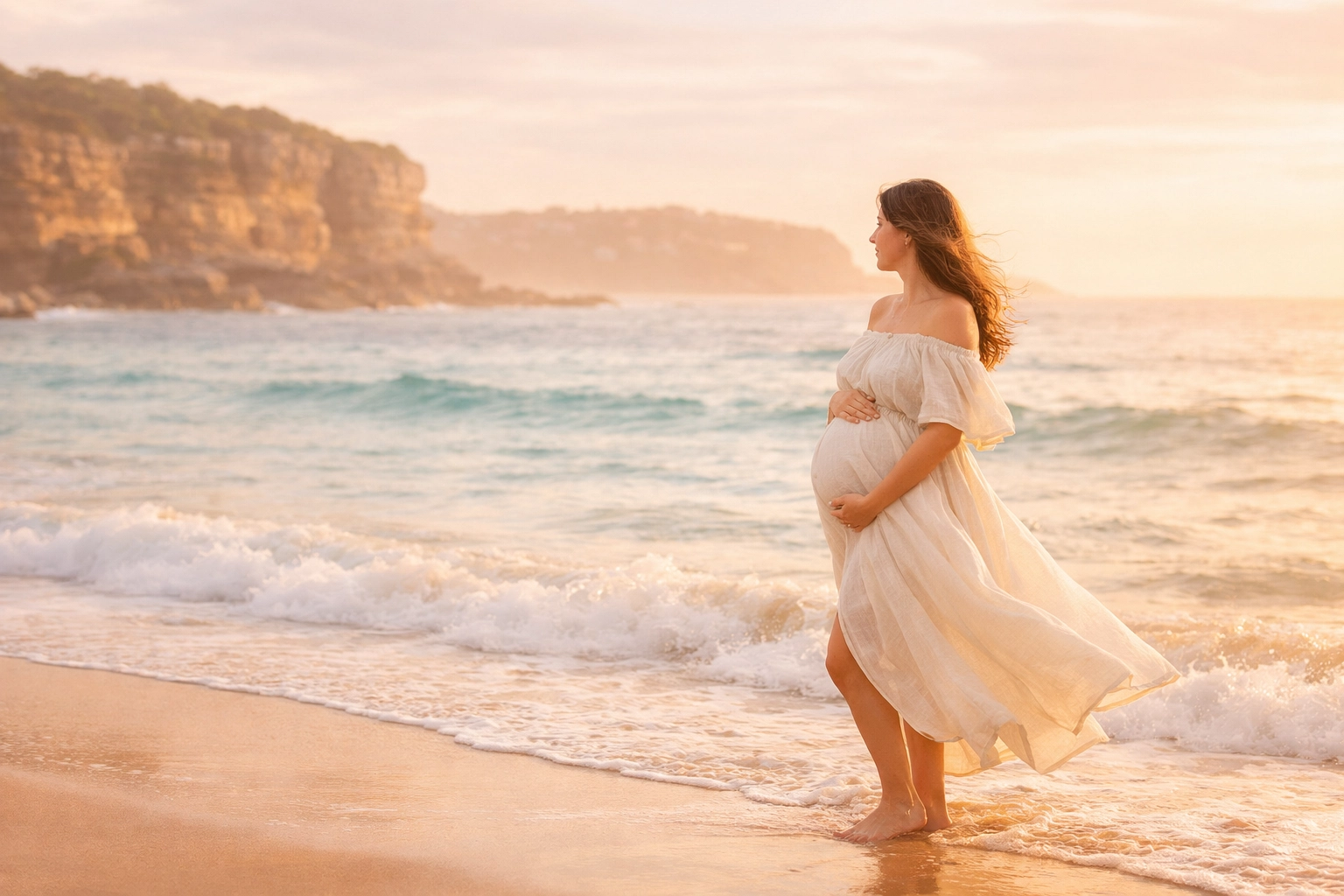 Maternity photography at Freshwater Beach featuring a pregnant woman in a cream dress during golden hour.