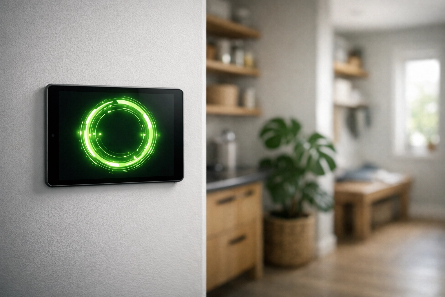 Smart home energy management tablet showing real-time solar battery storage data in a modern Bournemouth house.