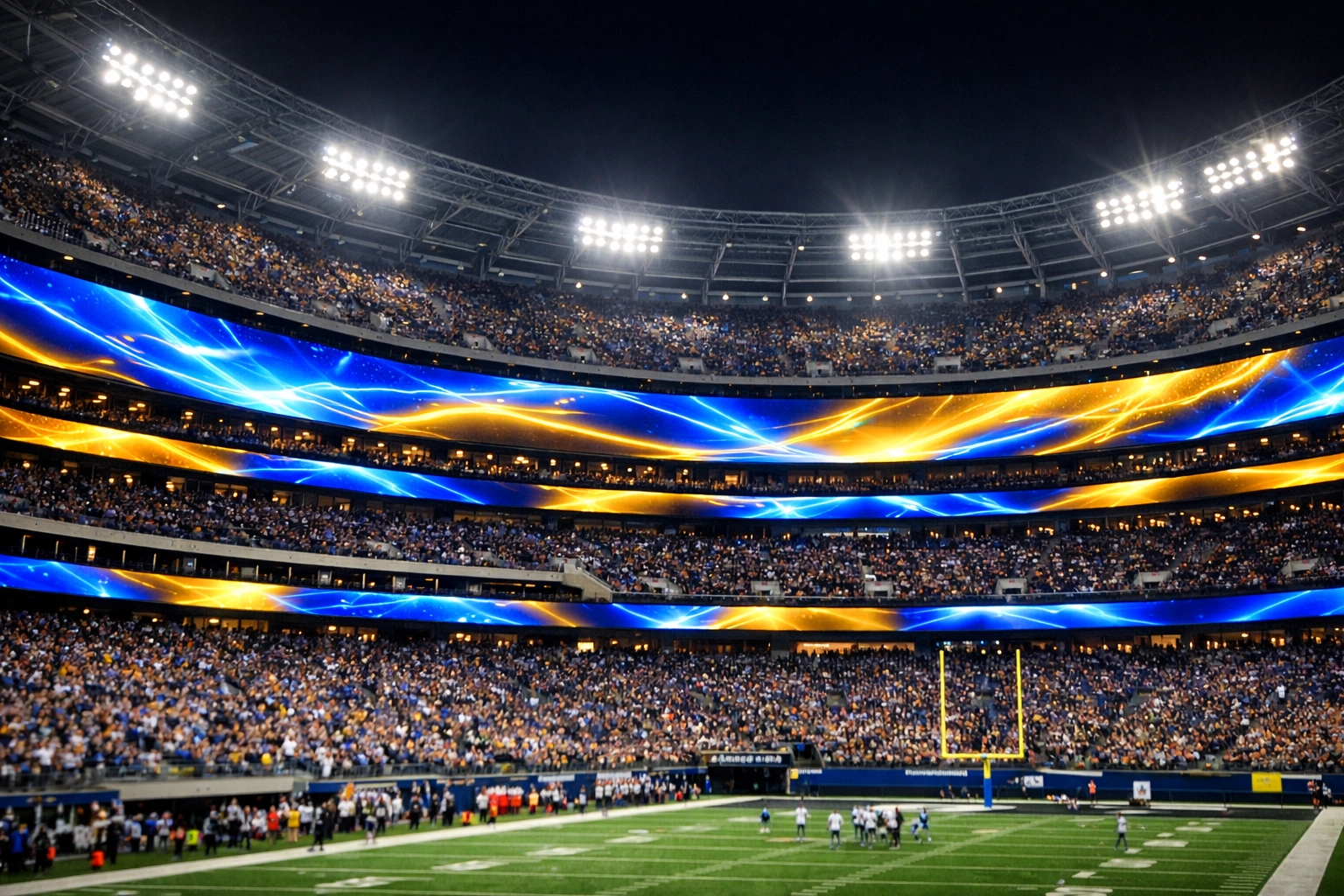 Modern football stadium interior featuring dynamic digital ribbon boards for real-time sports advertising.