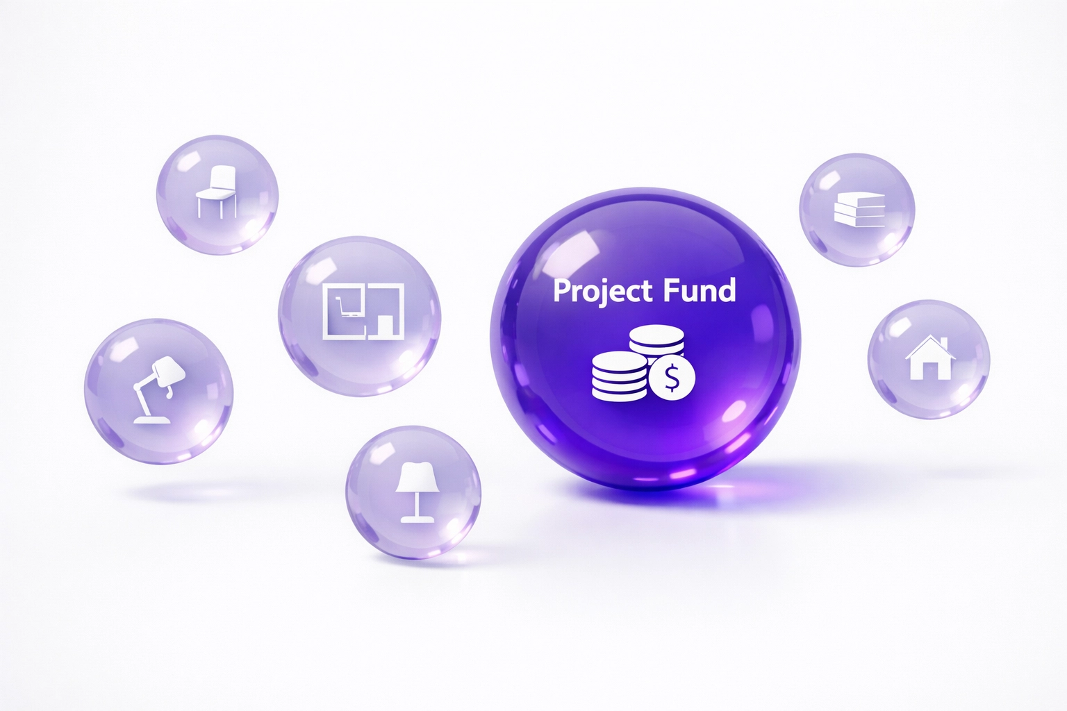 Minimalist purple icons illustrating project funds and client retainers for interior design bookkeeping.