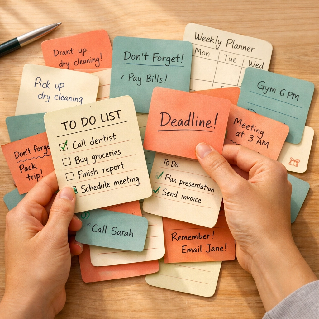 Scattered planners and to-do lists representing ADHD executive dysfunction and task overwhelm