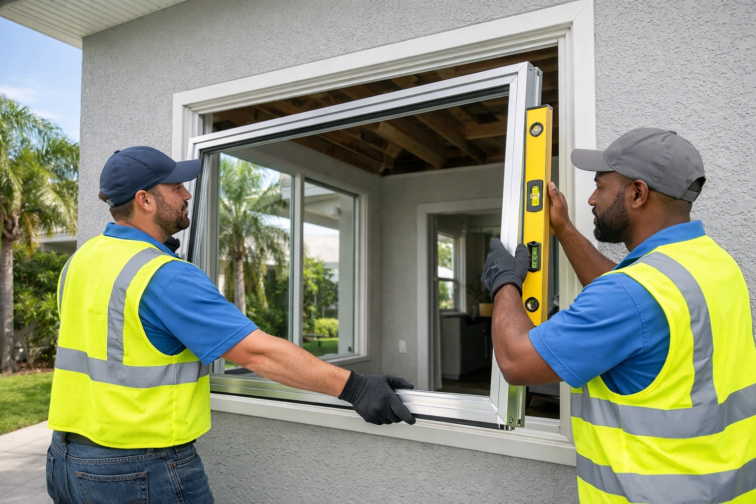 Professional installers positioning impact window frame in Florida home exterior