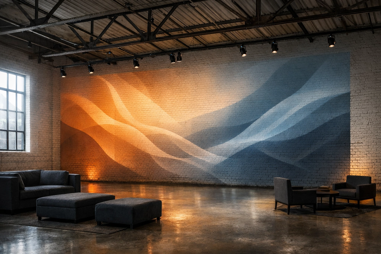 Digital wall projection in an industrial-chic San Francisco event venue showing hybrid multimedia capabilities.