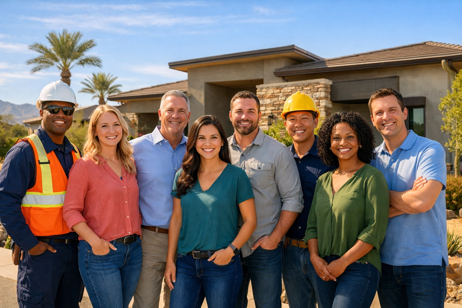 Tech workers and utility employees in front of modern West Valley Arizona home